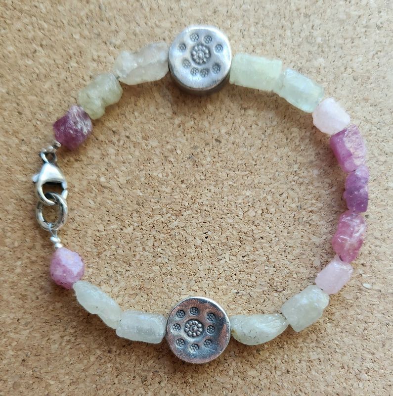 Bourie Bracelet Raw Sapphire with Round Hill Tribes Sterling Engraved Wheels