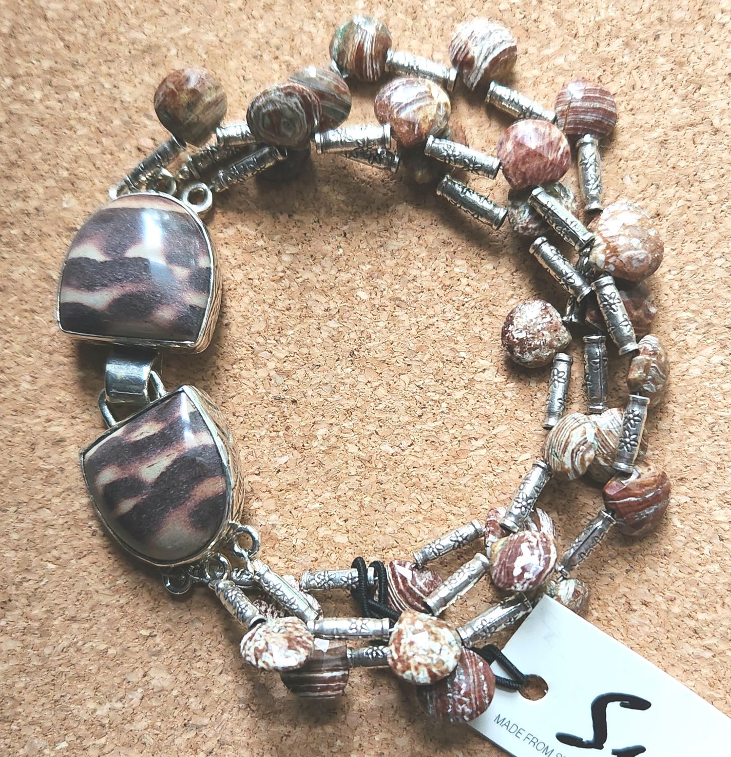 Bourie Bracelet Triple Strand Zebra Jasper and Hill Tribes Sterling Tubes