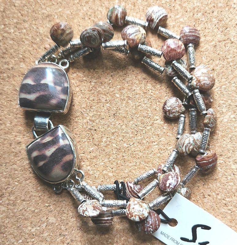 Bourie Bracelet Triple Strand Zebra Jasper and Hill Tribes Sterling Tubes