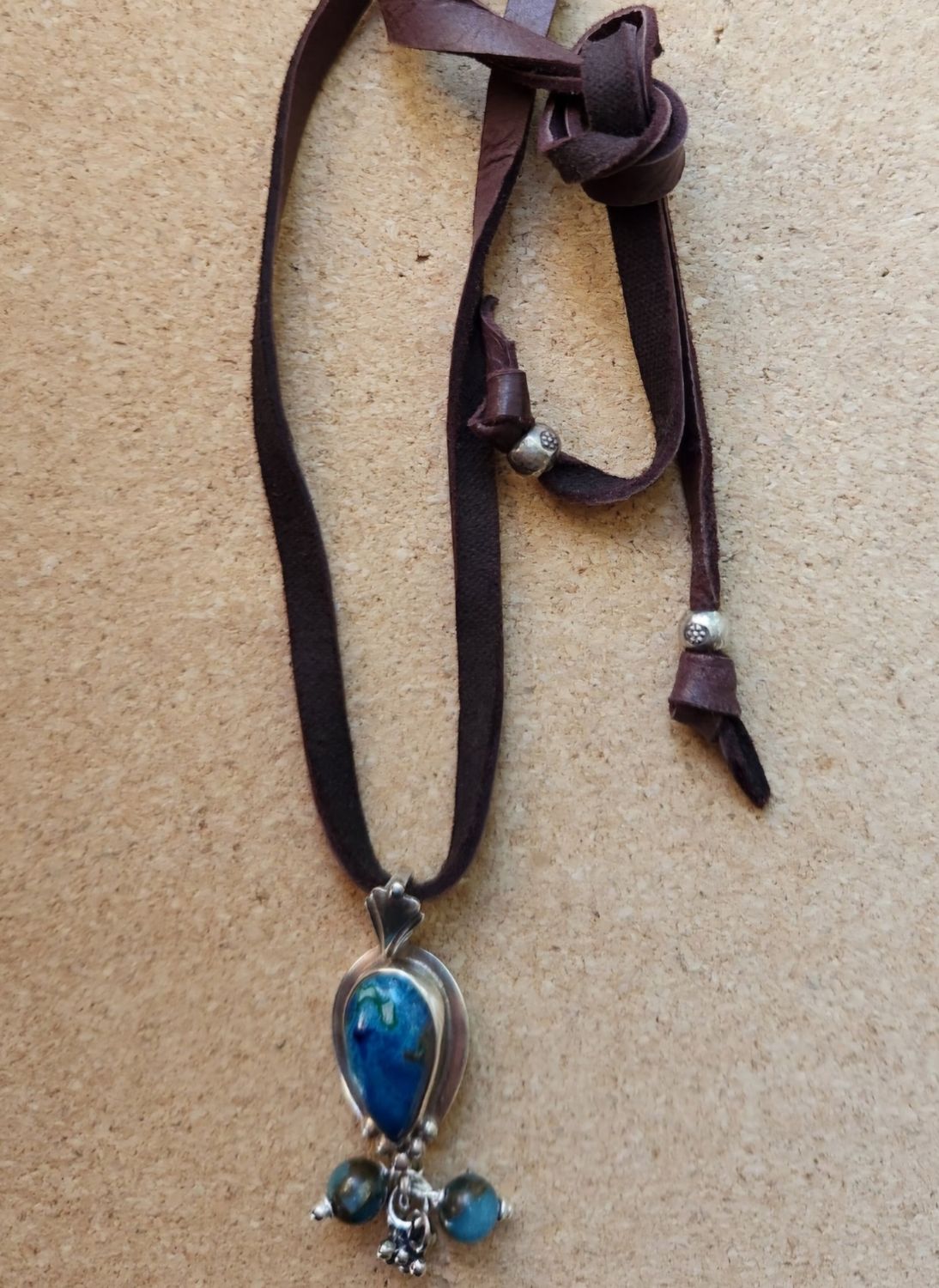 Bourie Necklace Shattukite and Sterling Silver on Leather Tie Cord