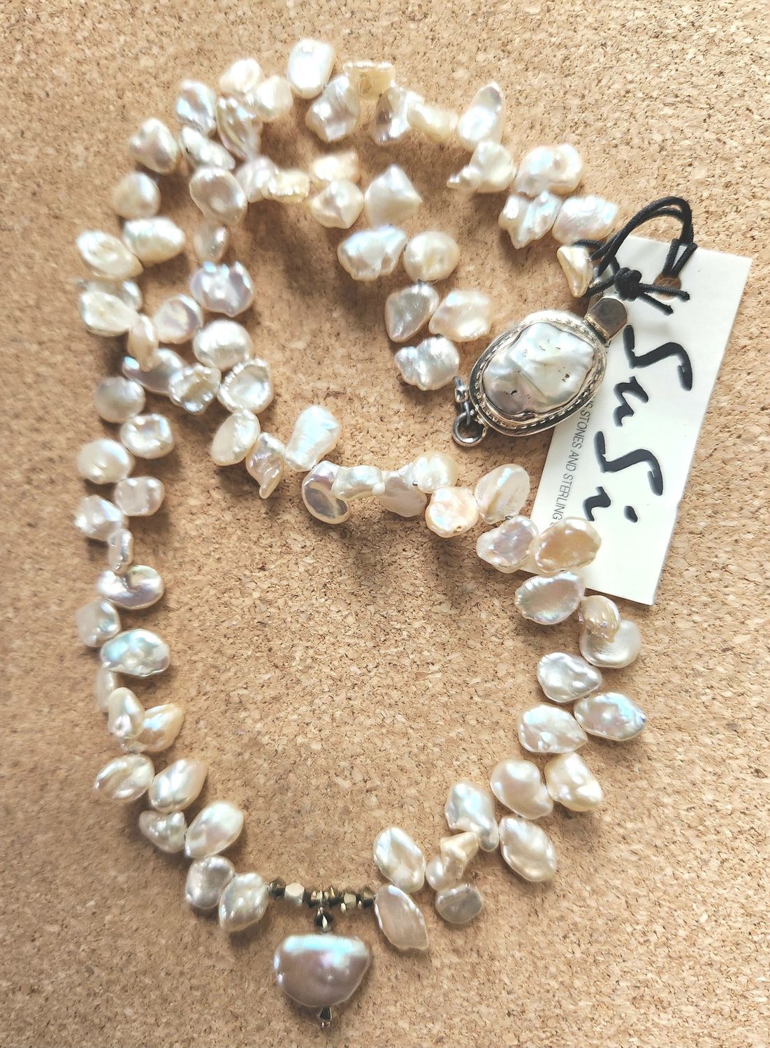 Bourie Necklace Freshwater Cornflake Pearls W/Center Drop Of Keishi Pearl and Swarvoski Crystal
