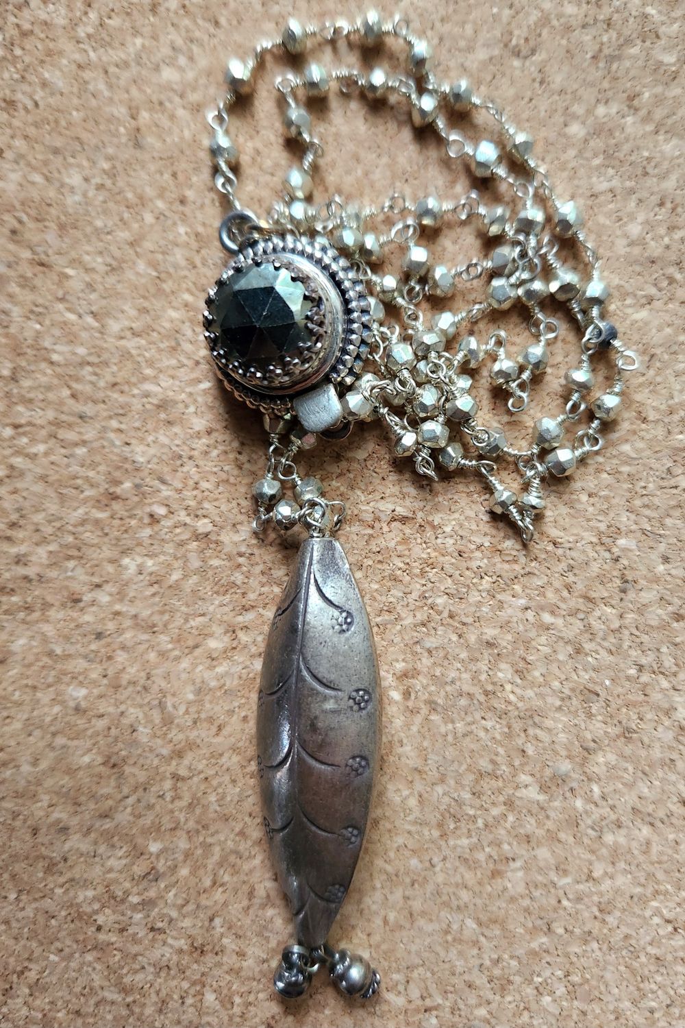 Bourie Necklace Hill Tribes Silver Leaf Engraved Drop w/Pyrite and Sterling on Rosary Style Chain
