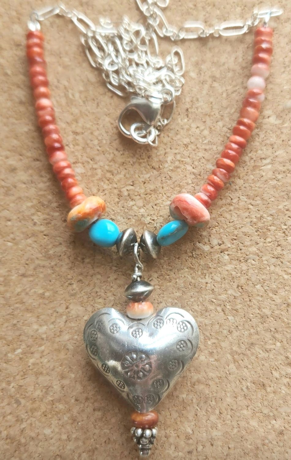 Bourie Necklace Hill Tribes Silver Engraved Heart with Red Spiney Oyster, Kingman Turquoise