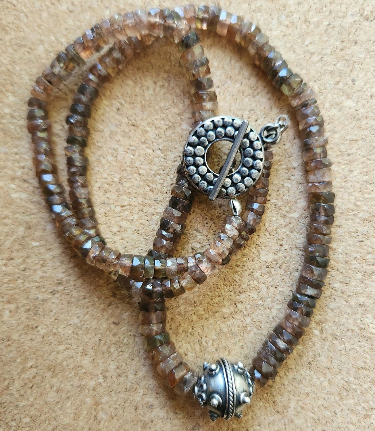 Bourie Necklace Andalusite Strung on Silk Thread with Turkish Sterling Silver Focal