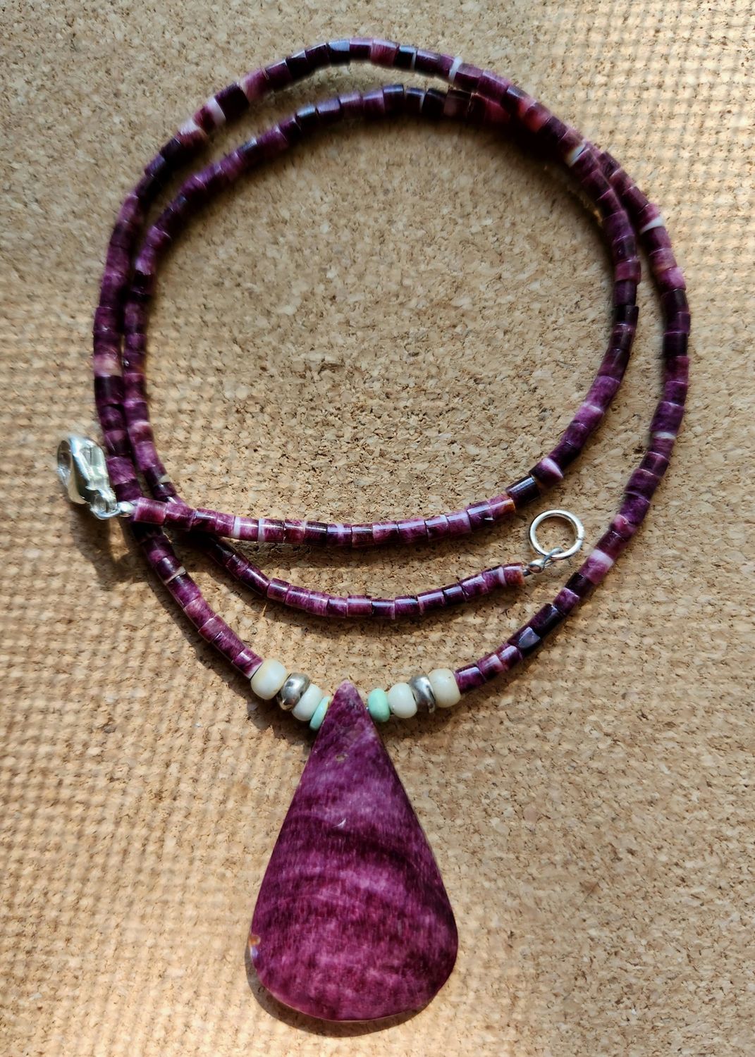 Bourie Necklace Purple Spiny Oyster Teardrop With Lone Mountain Turquoise and Mali Glass