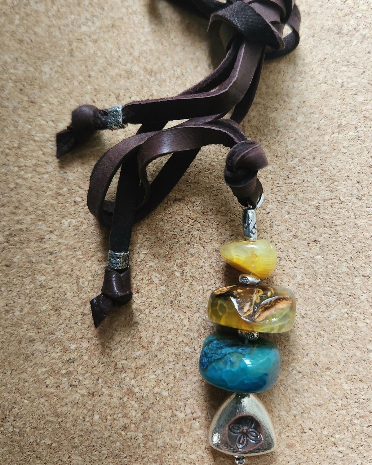 Bourie Necklace Multi Color Chalcedony Totem on Leather Tie