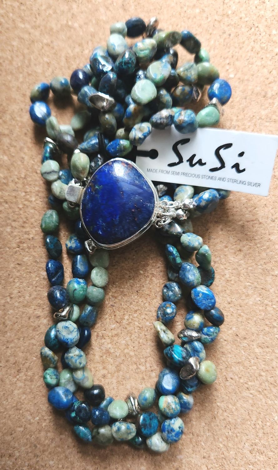 Bourie Necklace Triple Strand Azurite Nugget W/Statement Azurite Clasp