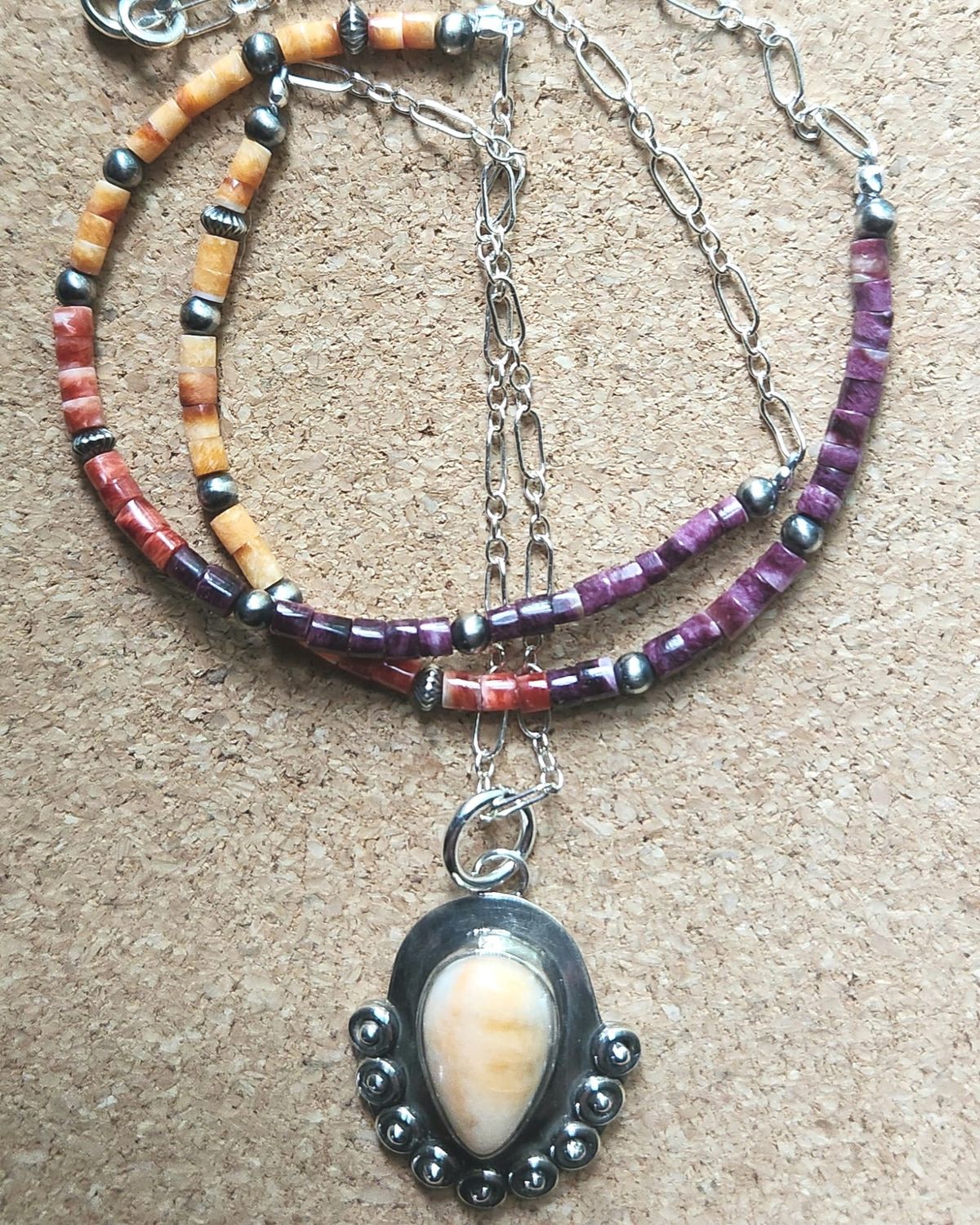 Bourie Necklace Apricot Spiny Oyster Pendant with Red And Purple Spiny Oyster