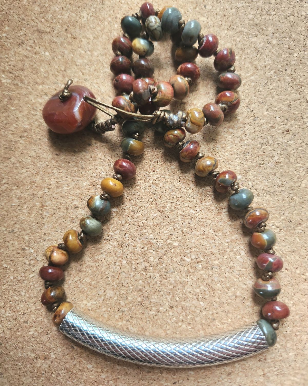 Bourie Necklace Red Jasper Collar, Hand Knotted Leather And Sterling Silver Curved Textured Bar