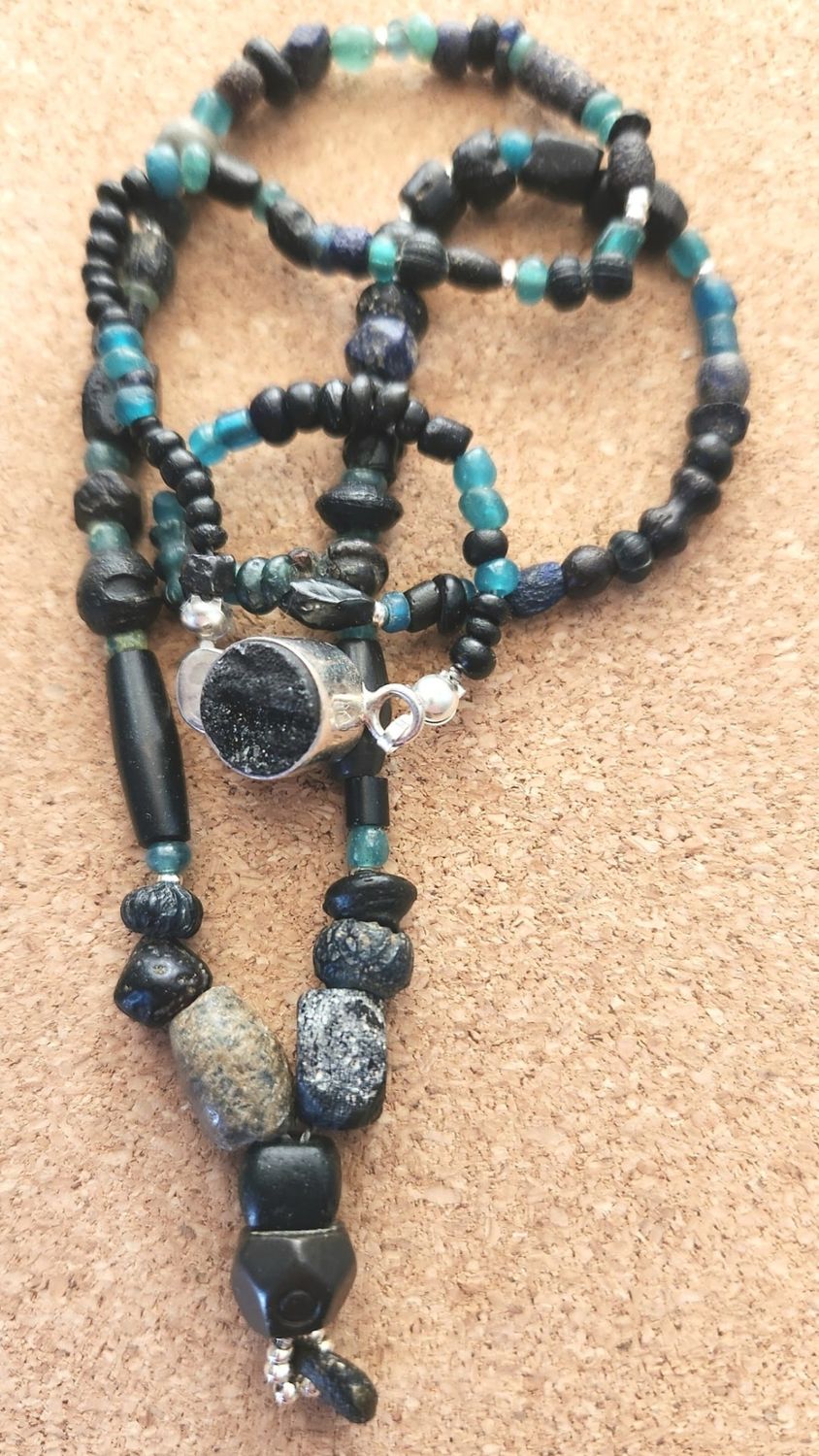 Bourie Necklace Rare Faience W/Peking Glass and Hill Tribes Silver and Druzy Clasp