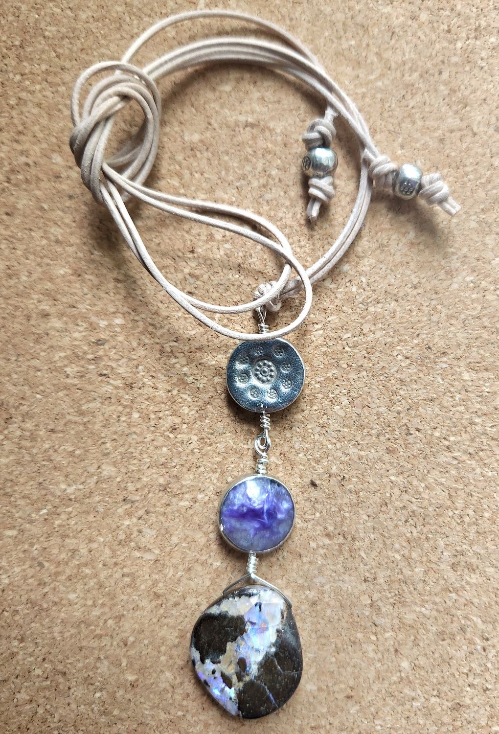 Bourie Necklace Rare Boulder Opal Hand Wired Totem W/Bezel Set Charolite Sone and Hill Tribes Sterling Disk