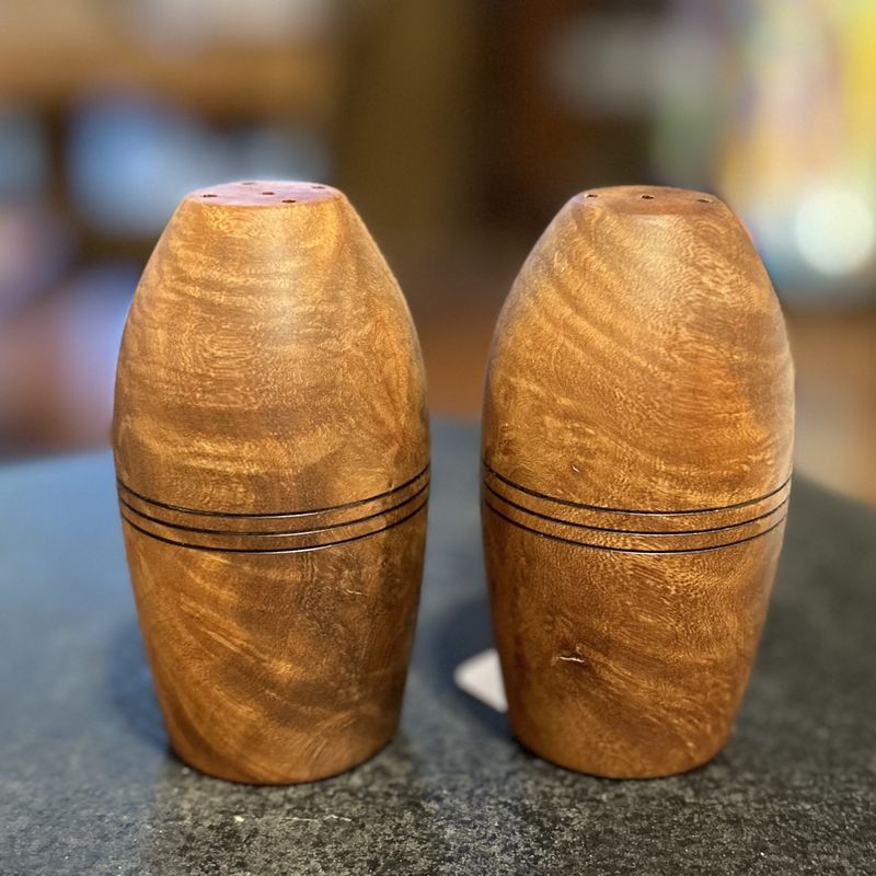 Blankenberg Madrone Burl Salt and Pepper Shaker Set W/ Black Line Details