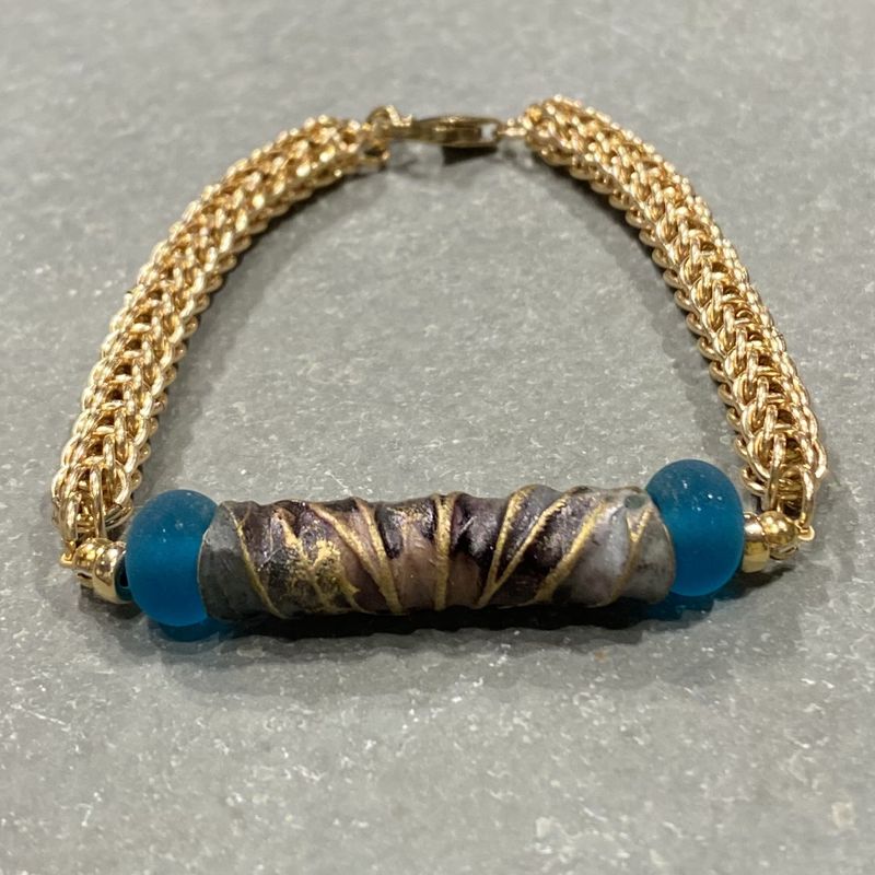 Whitney Bracelet Chain Maille, Blue Lampwork Beads and Polymer Clay Bead