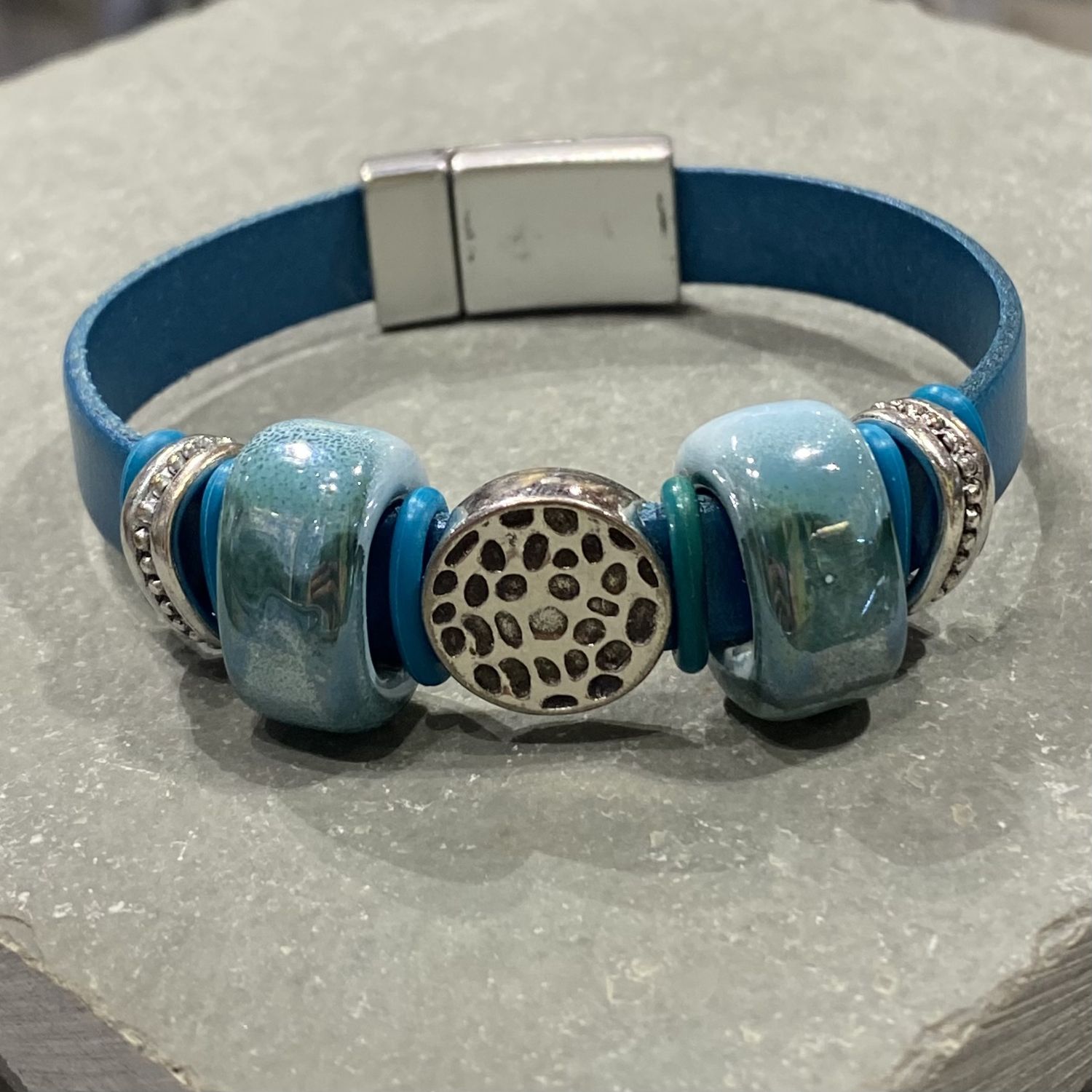 Whitney Bracelet Turquoise Leather with Silver and Turquoise Beads