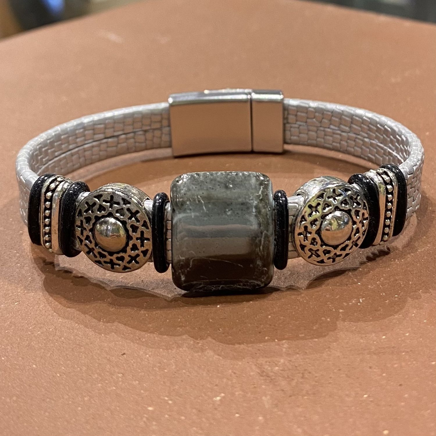 Whitney Bracelet Silver Textured Leather With SIlver Beads