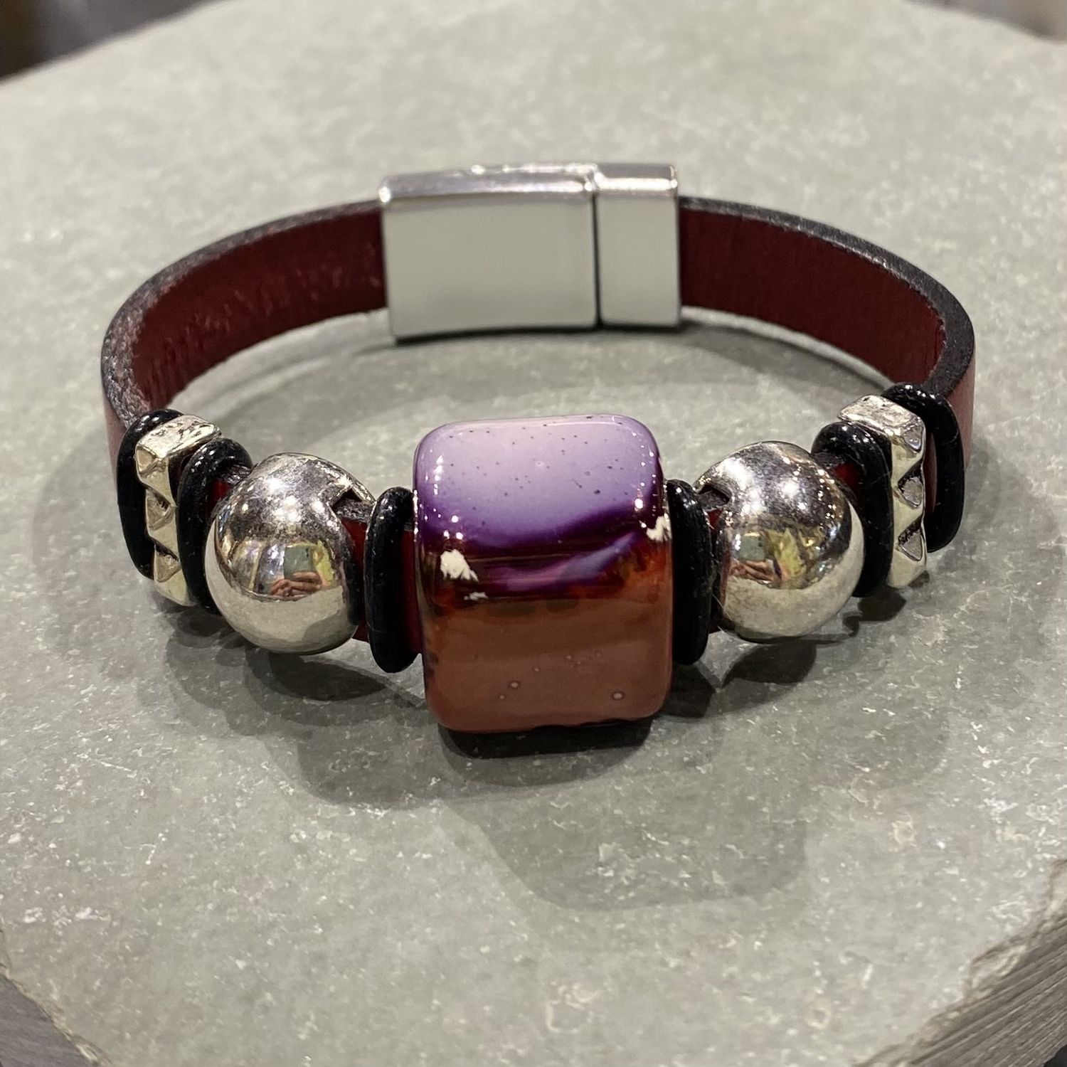 Whitney Bracelet Red Leather with Silver and Red Beads