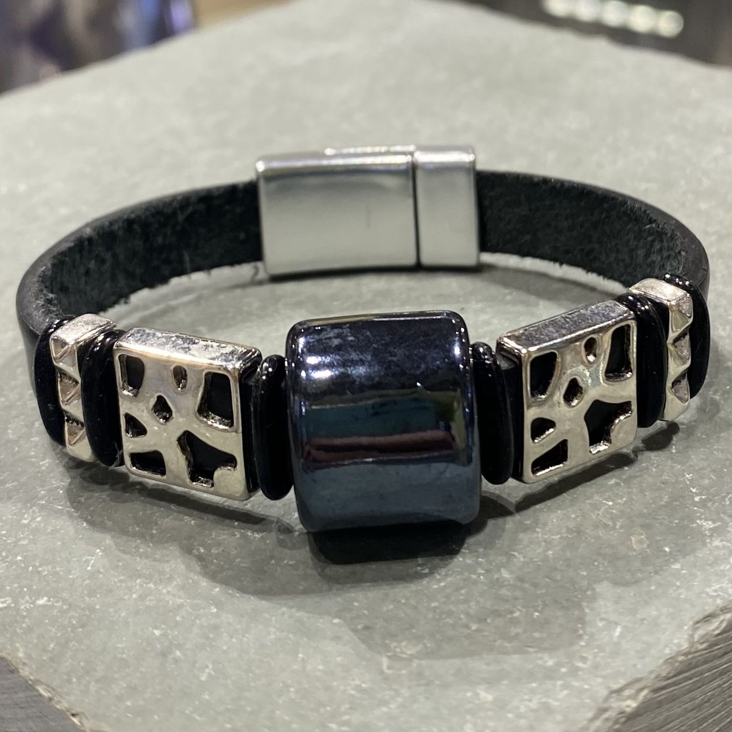 Whitney Bracelet Black Leather with Black and Silver Brads