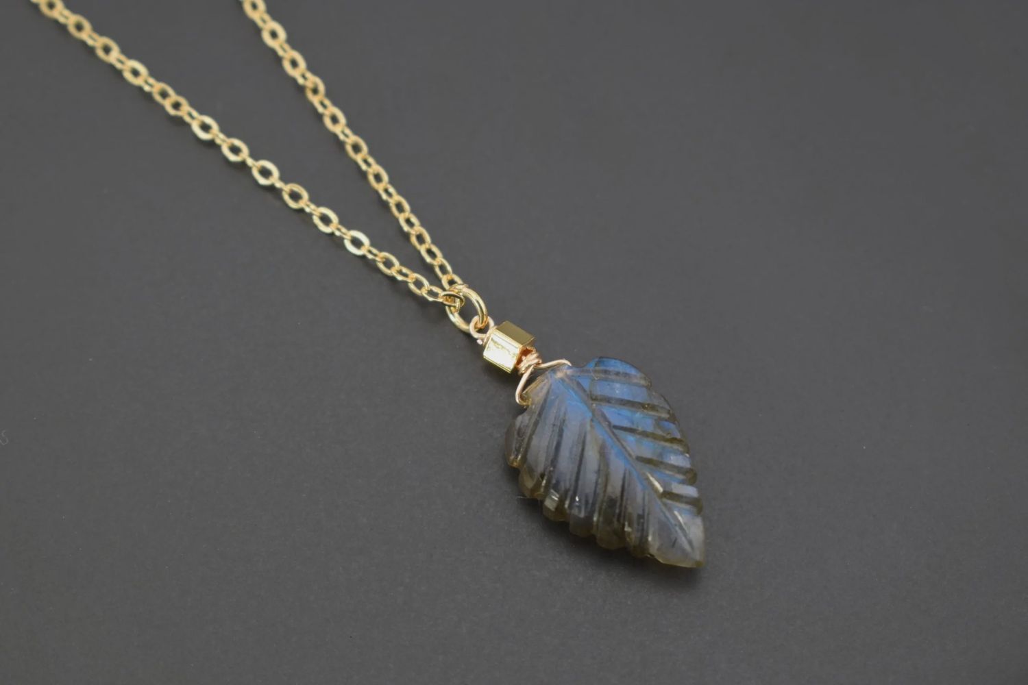 Edgy Petal Necklace Labradorite Carved Leaf Pendant