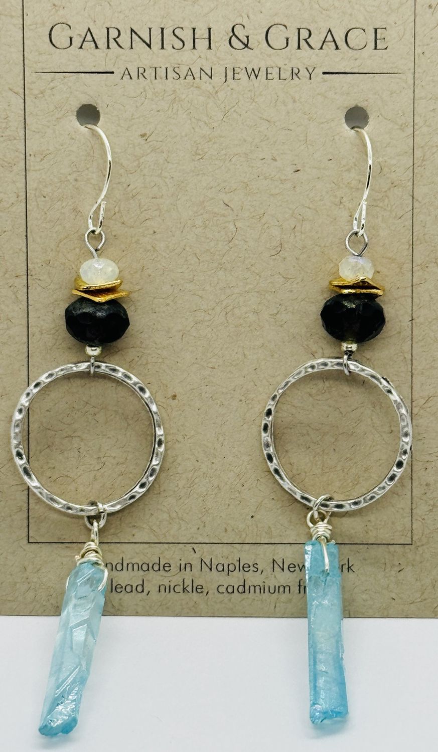 Garnish Earrings Blue Quartz on Silver Hammered Hoops