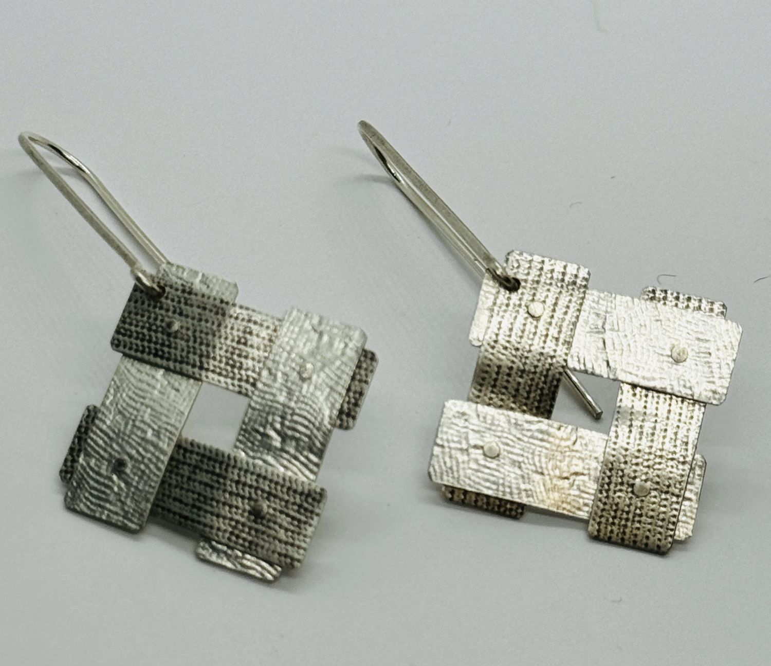 Bent Metal Earrings Basket Weave Squares