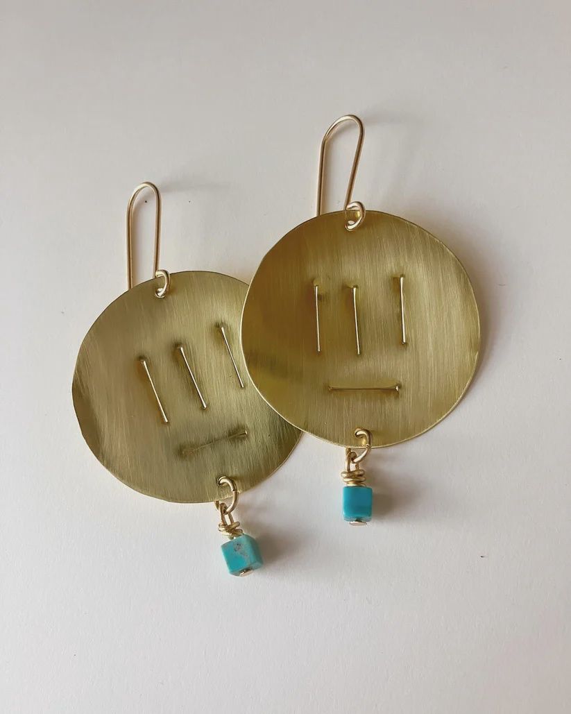 Sunshine Earrings Brass Circles with Turquoise Cube