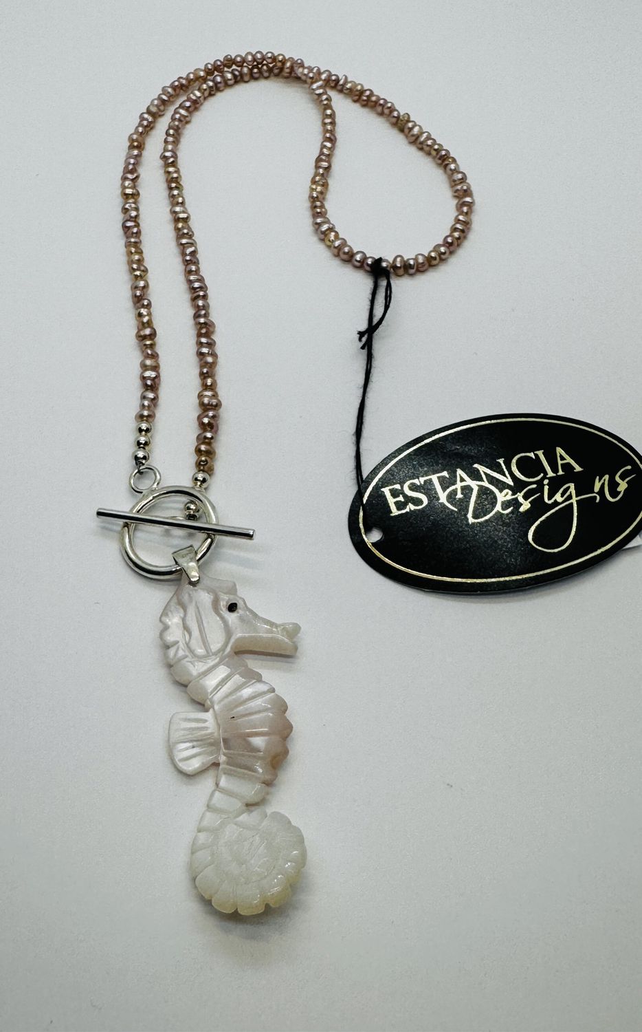 Estancia Necklace Carved Mother Of Pearl Seahorse with Pink Freshwater Pearls