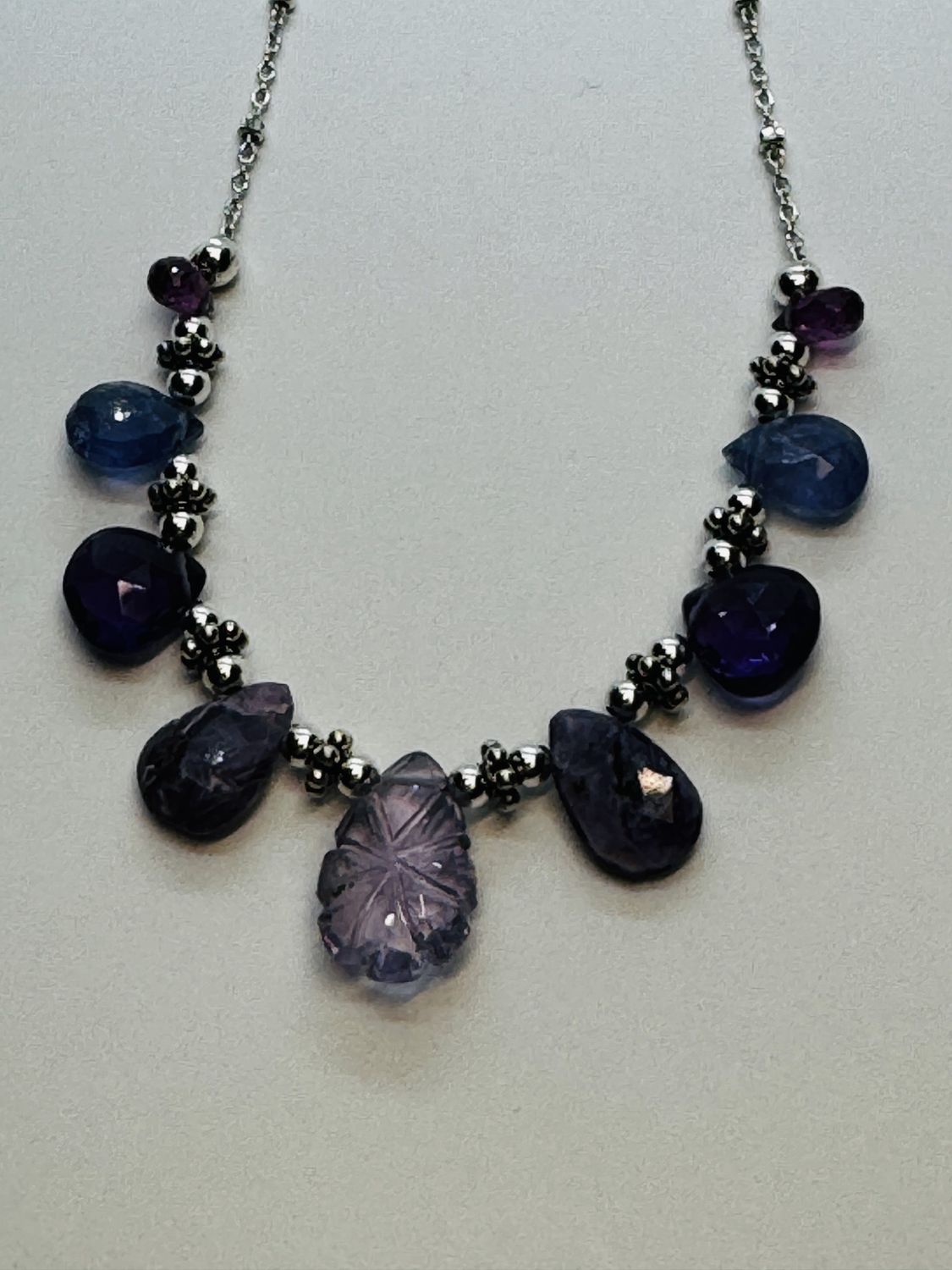 Estancia Necklace Carved Amethyst, Charoite, Tanzanite and Grape Garnet