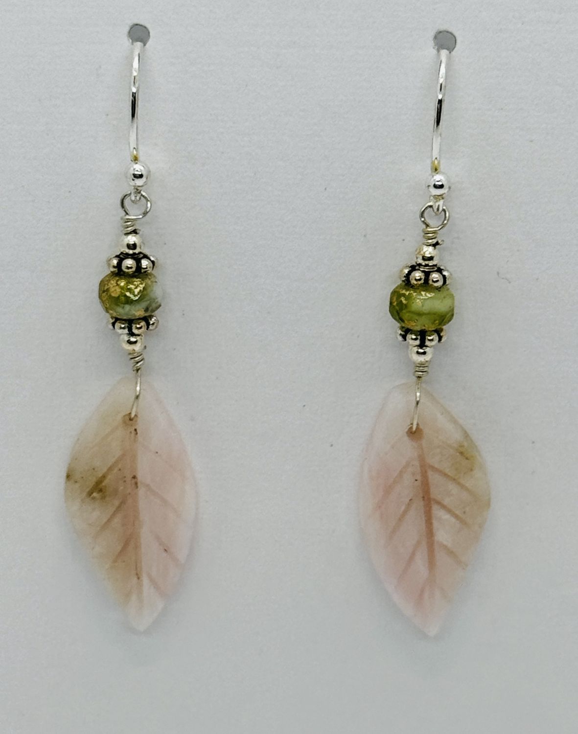 Estancia Earrings Carved Pink Opal Leaves and Czech Glass