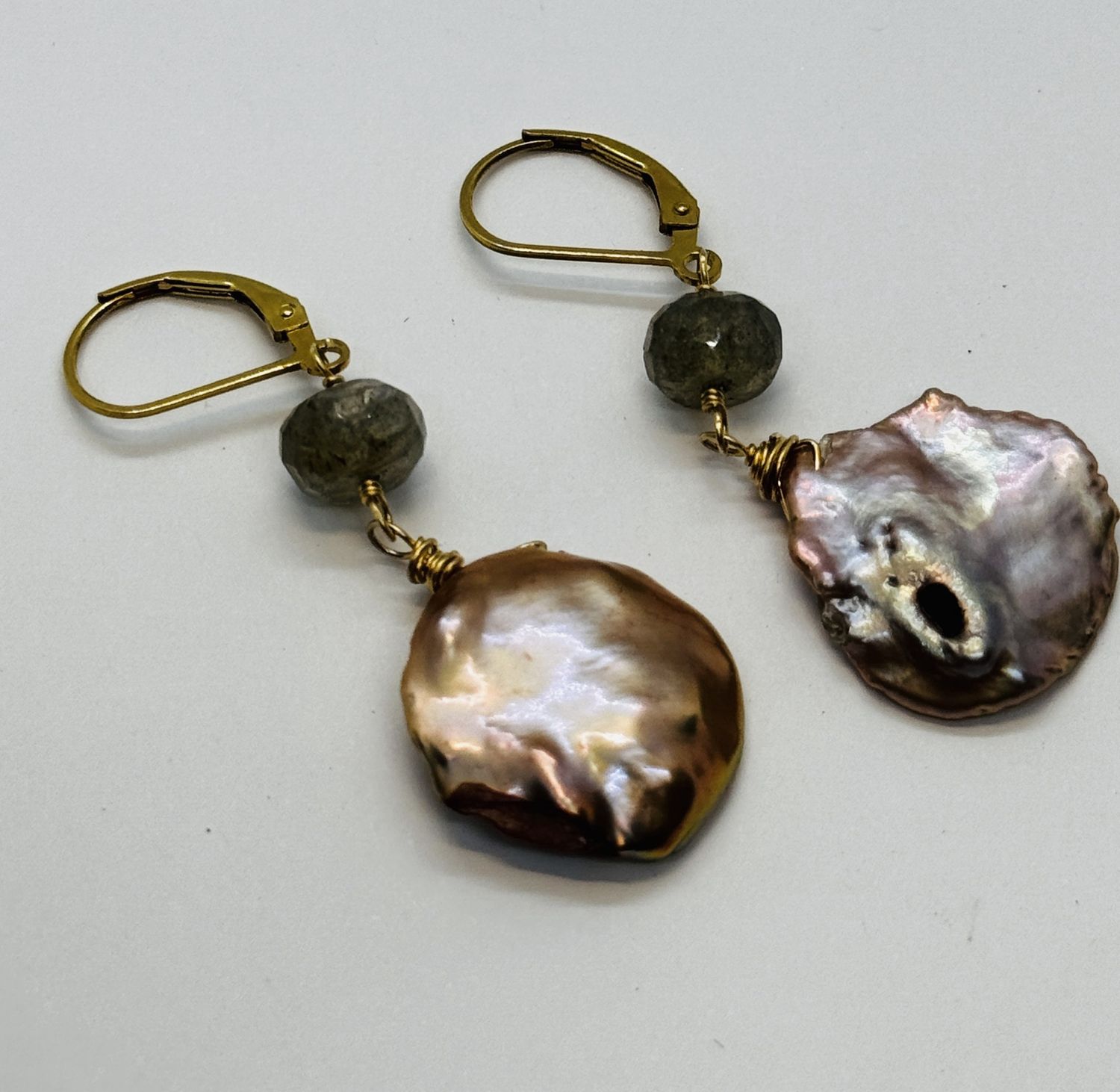 Robb Earrings Labradorite and Copper Keshi Pearls