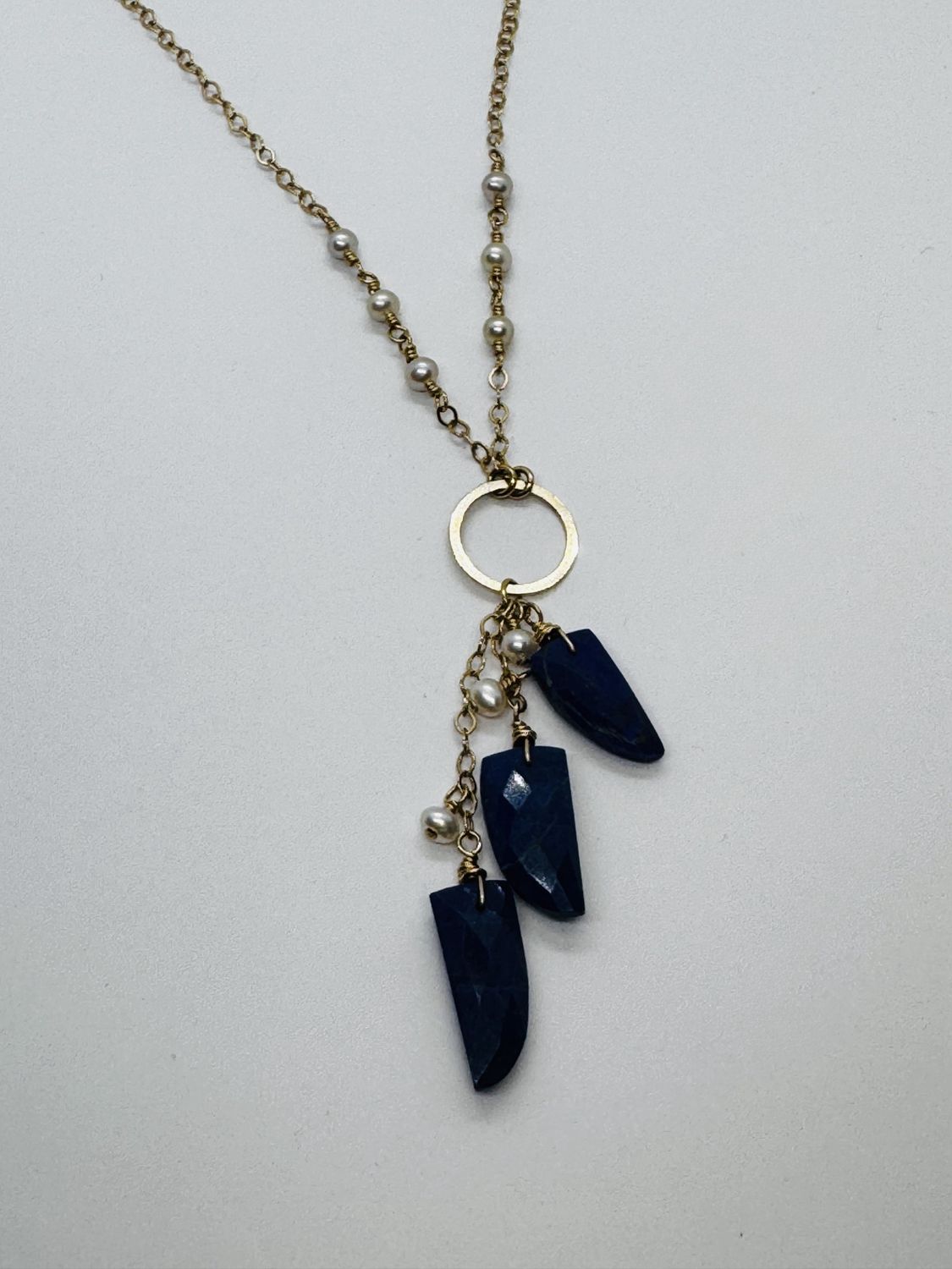 Robb Necklace Lapis and Pearl on Gold Filled Chain