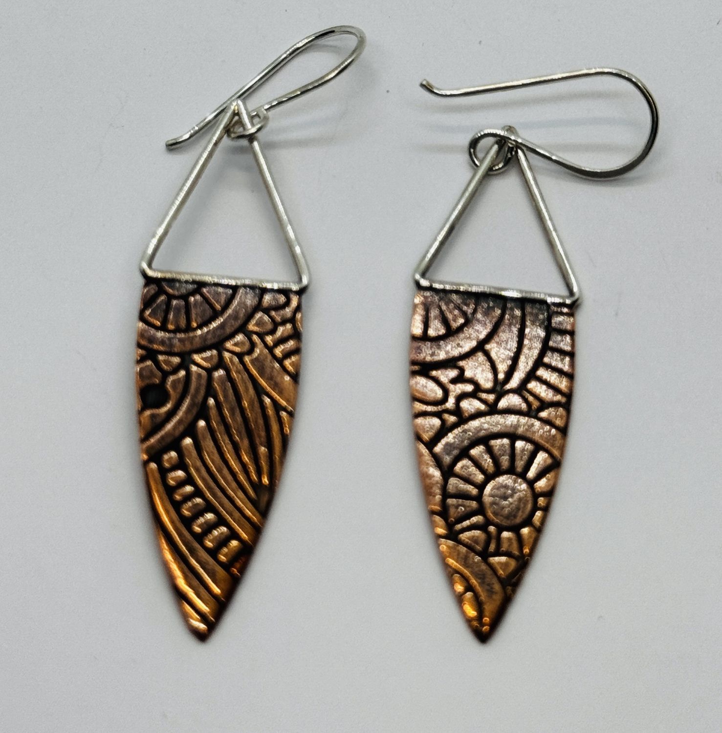 O&#39;Brien Earrings Rolled Copper Long Pointed Oval on Silver Wire Triangle