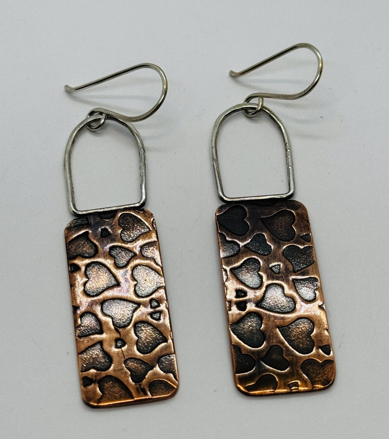 O&#39;Brien Earrings Textured Copper Roll Printed Hearts on Long Rectangles