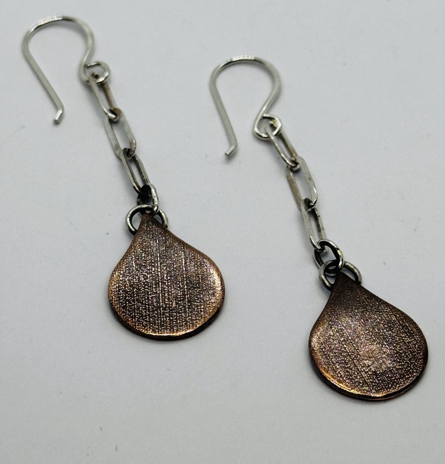 O&#39;Brien Earring Textured Copper Teardrops on Silver Flat Oval Link Chain