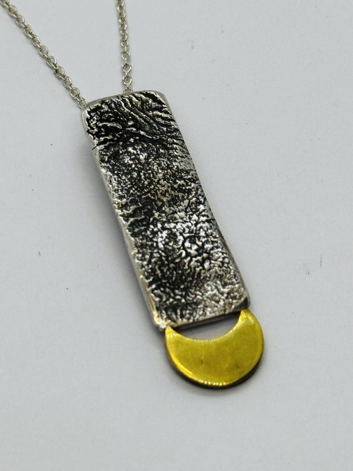 O&#39;Brien Necklace Reticulated Silver Rectangle with Brass Crescent Moon