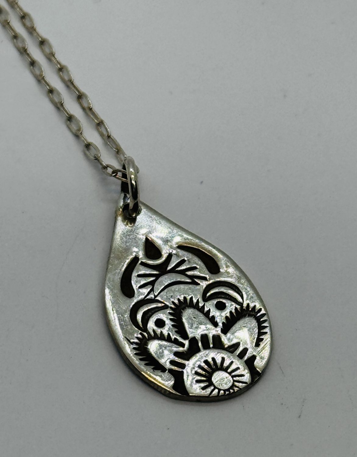 O&#39;Brien Necklace Hand Stamped Silver Teardrop Floral