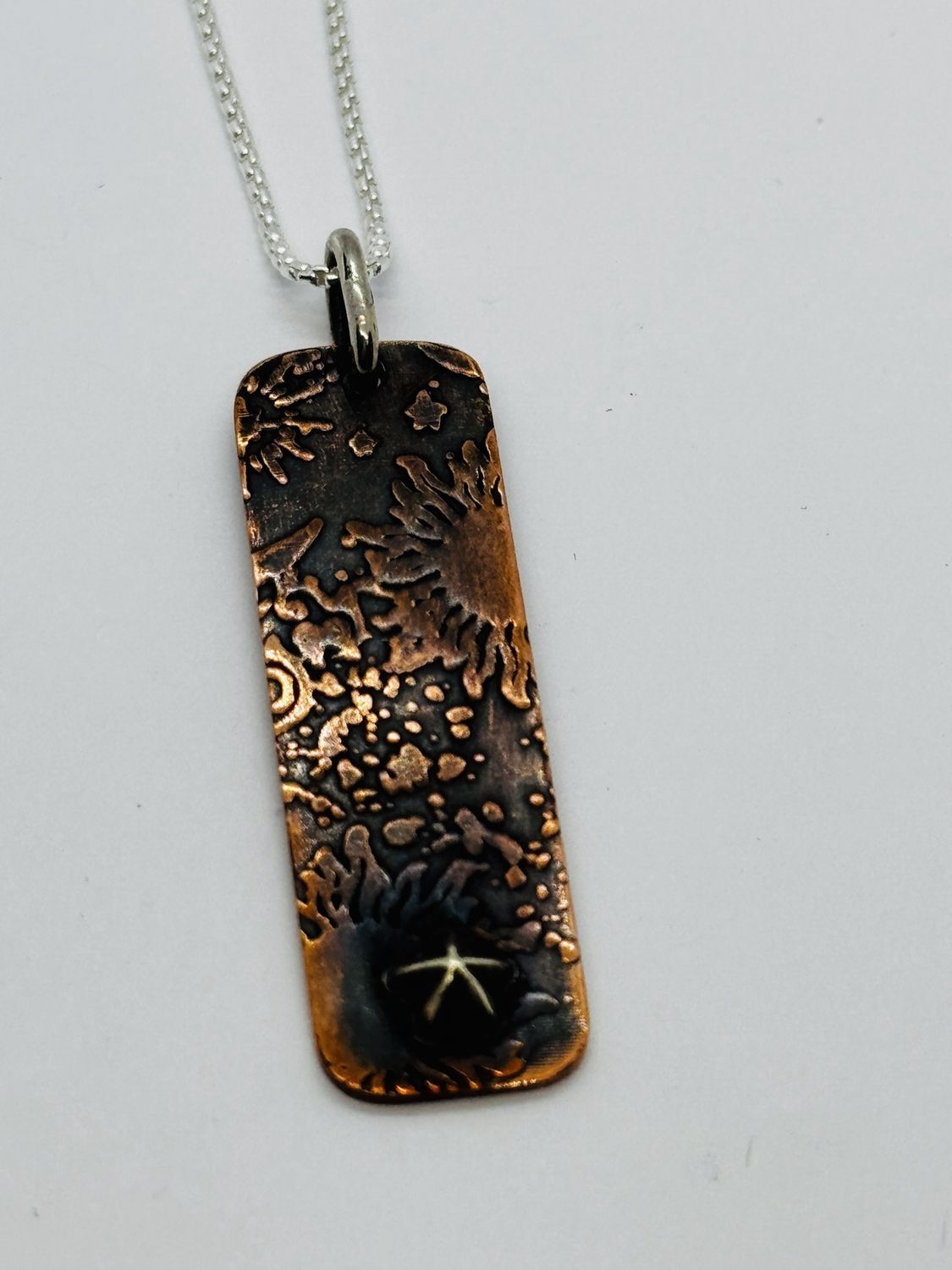 O&#39;Brien Necklace Roll Print Copper with Sun and Moon and Sterling 3-D Star