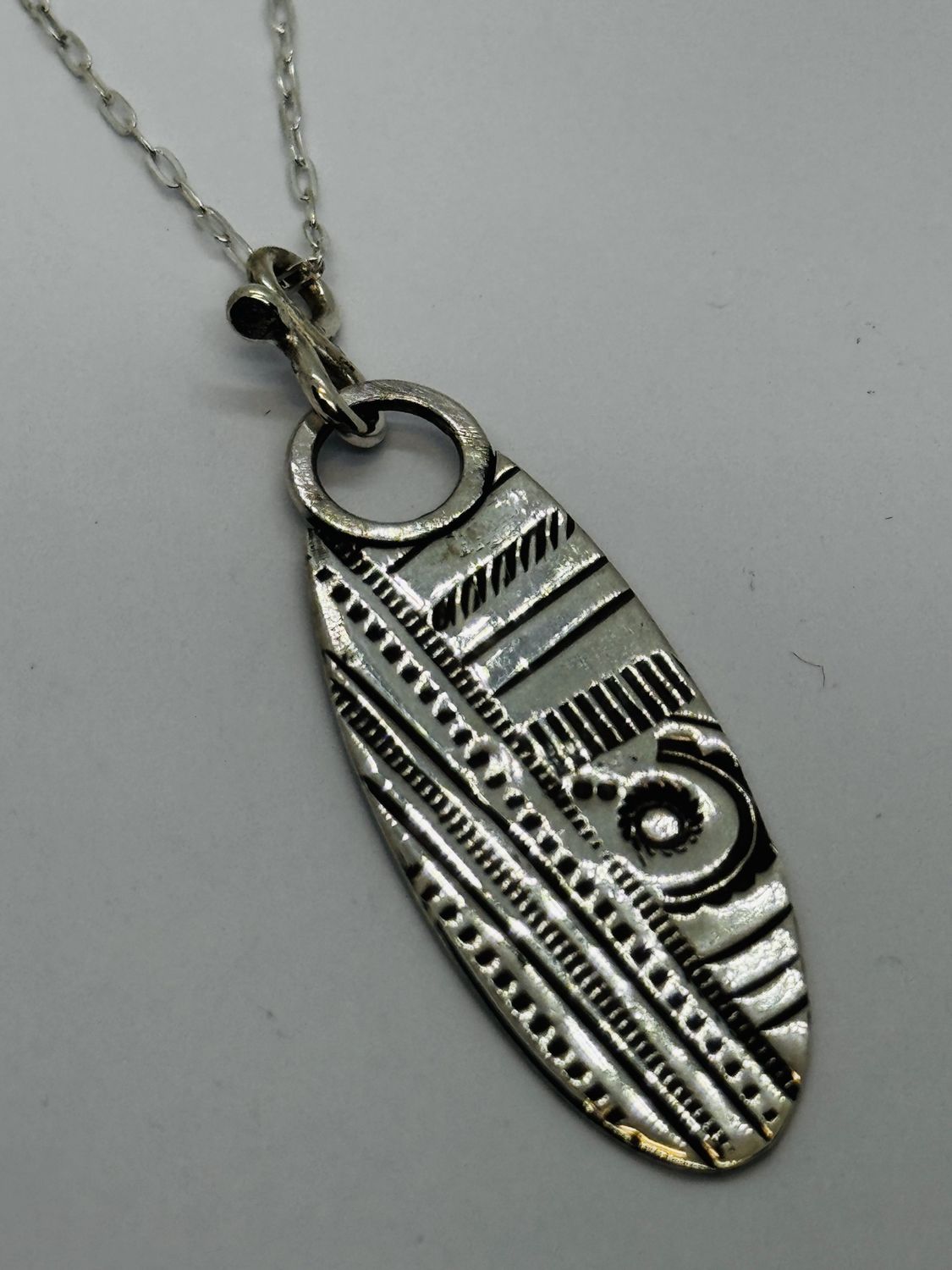 O&#39;Brien Necklace Long Hand Stamped Silver Oval Geometric