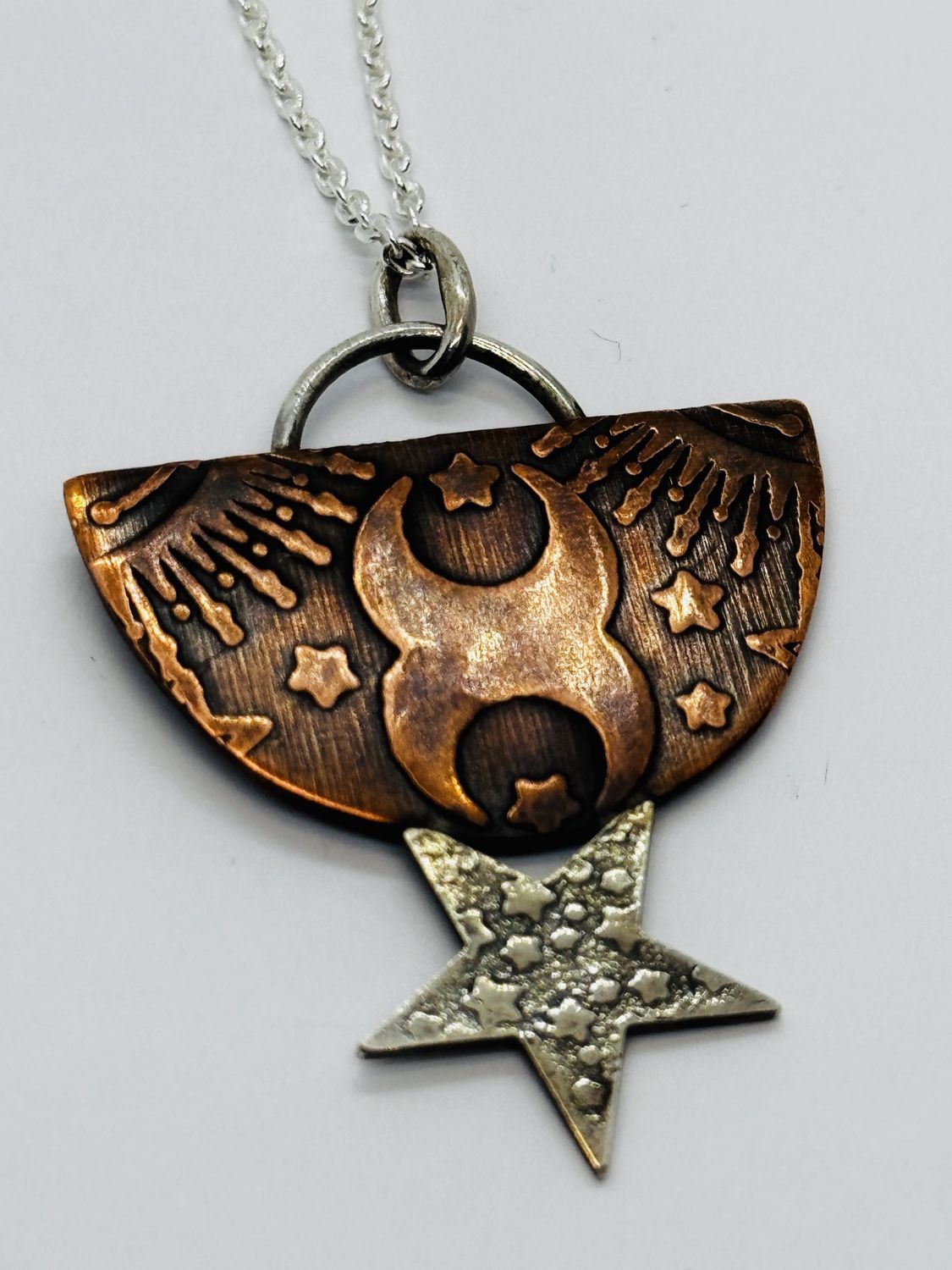 O&#39;Brien Necklace Rolled Print Double Moons on Half Circle Copper