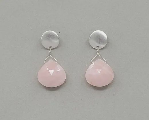 Otter Earring Post Pink Opal Tear Drops on Silver Concave Circlea