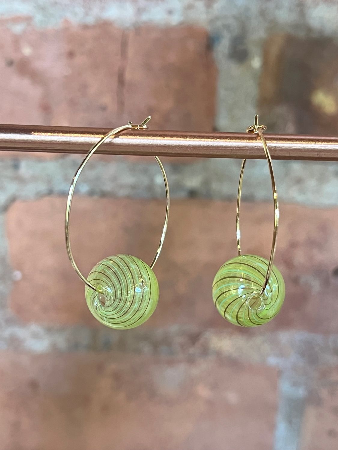 Tsay Earrings Small Green Glass on Gold Wire 1