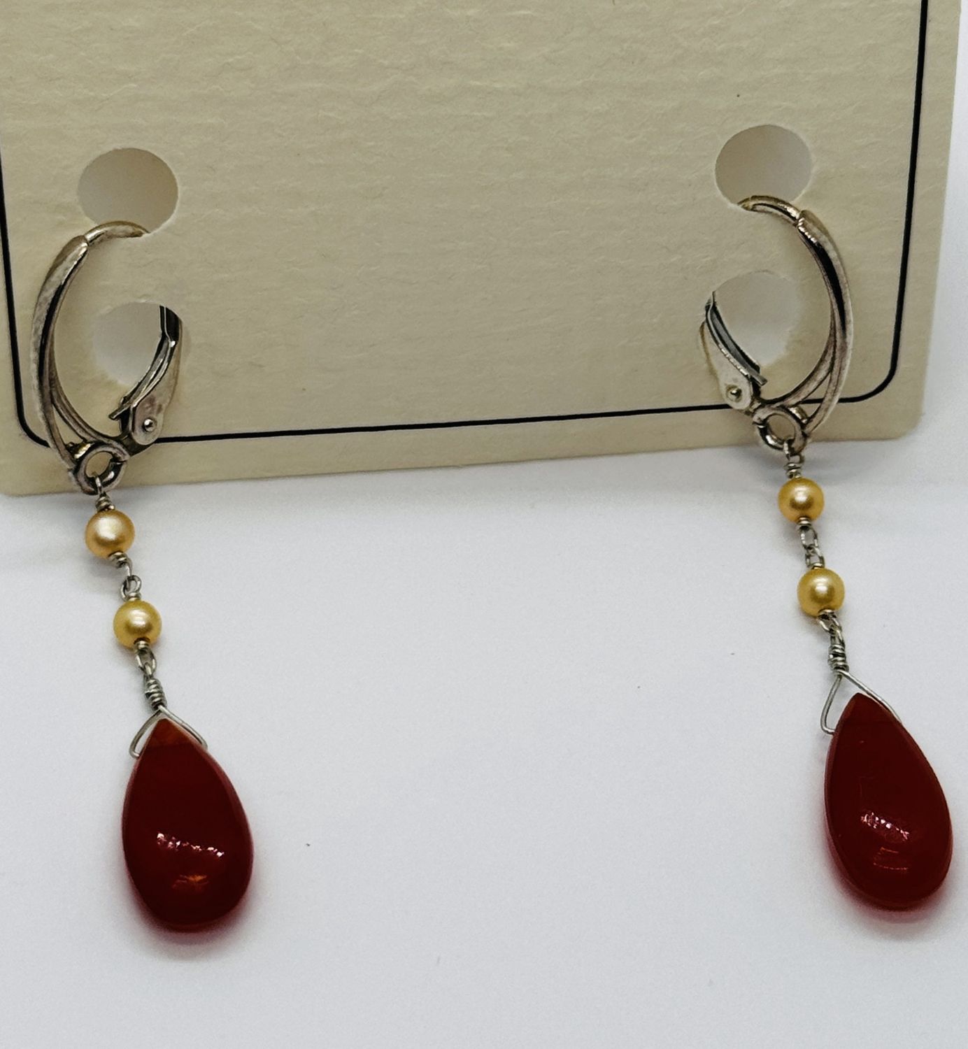 Otter Earring Carnelian Tear Drops w/ Cream Pearls