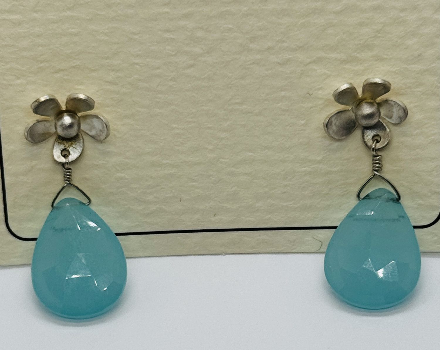 Otter Earring Blue Chalcedony on Silver Flower Posts
