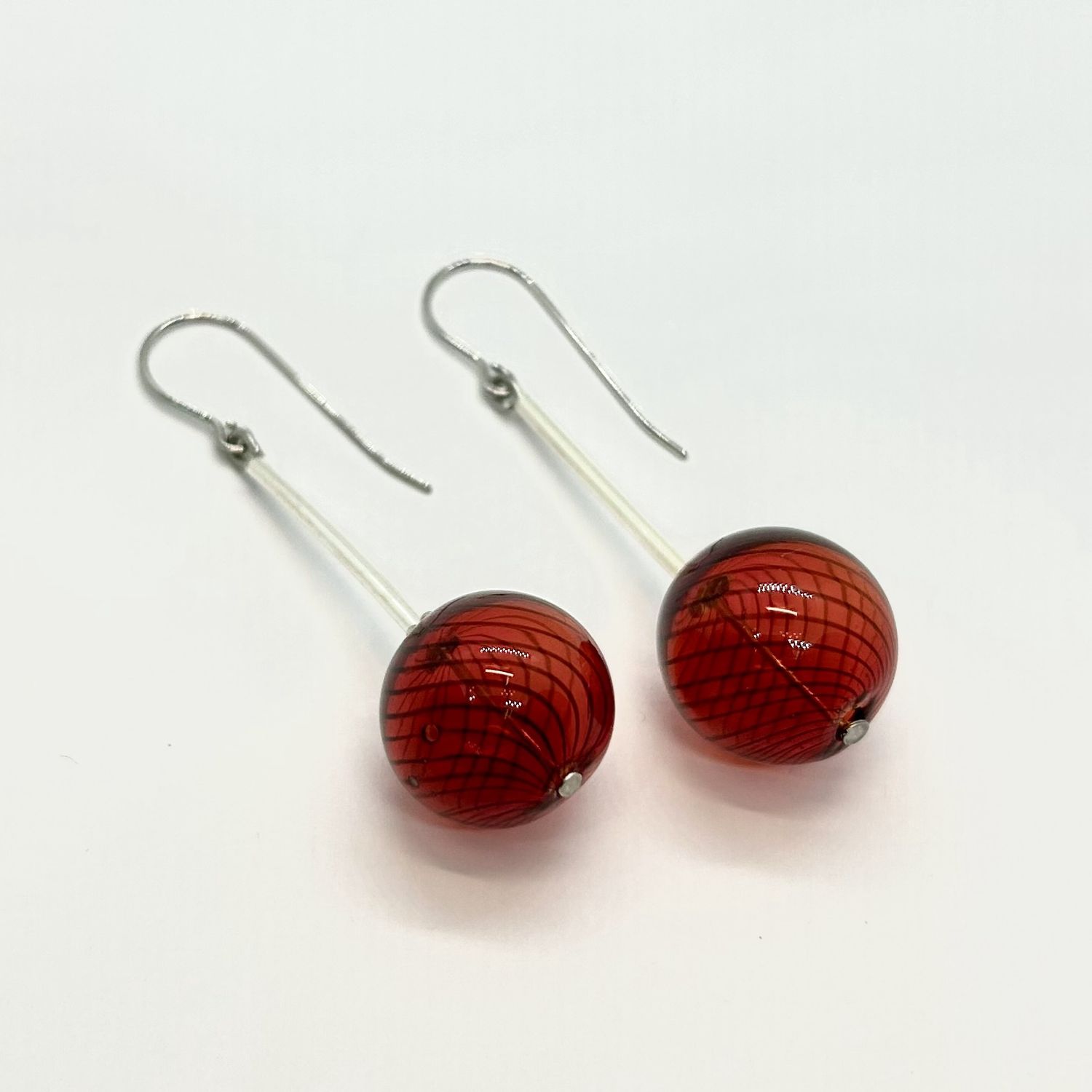 Tsay Earring Small Clear Red Glass Bead on Silver Tube