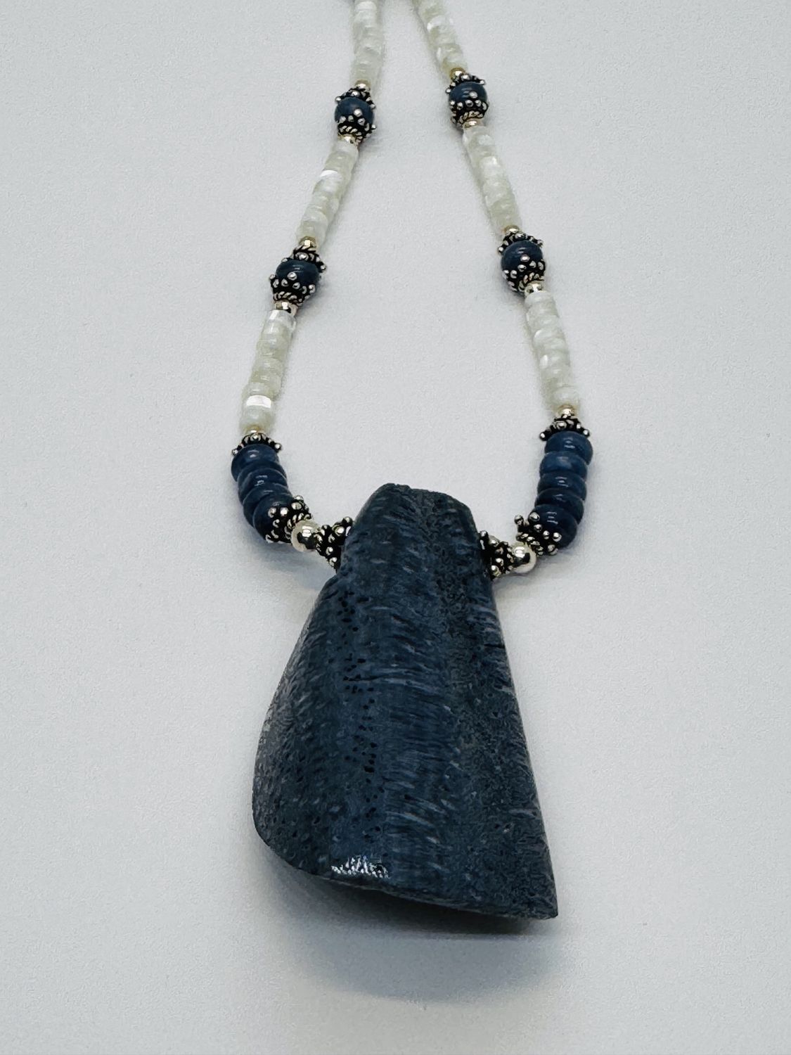 Estancia Necklace Blue Coral Pendant with Kyanite and Mother of Pearl Beads