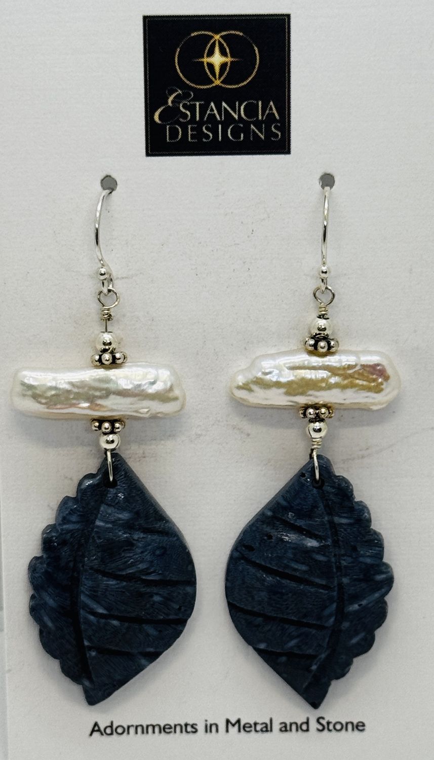 Estancia Earrings Carved Blue Coral Shells w/Biwa Pearls