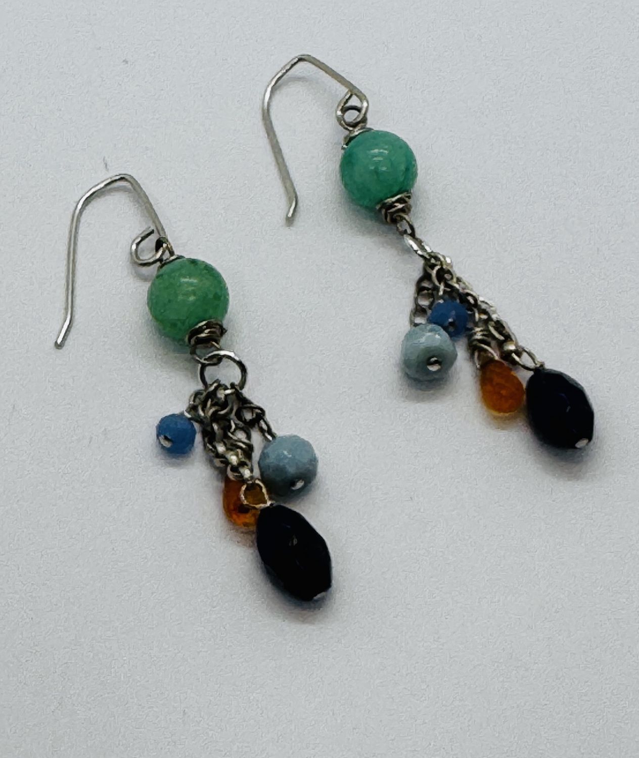 Robb Earrings Chrysoprase with Chalcedony, Larimar, Mandarin Garnet and Amethyst Cluster Drops
