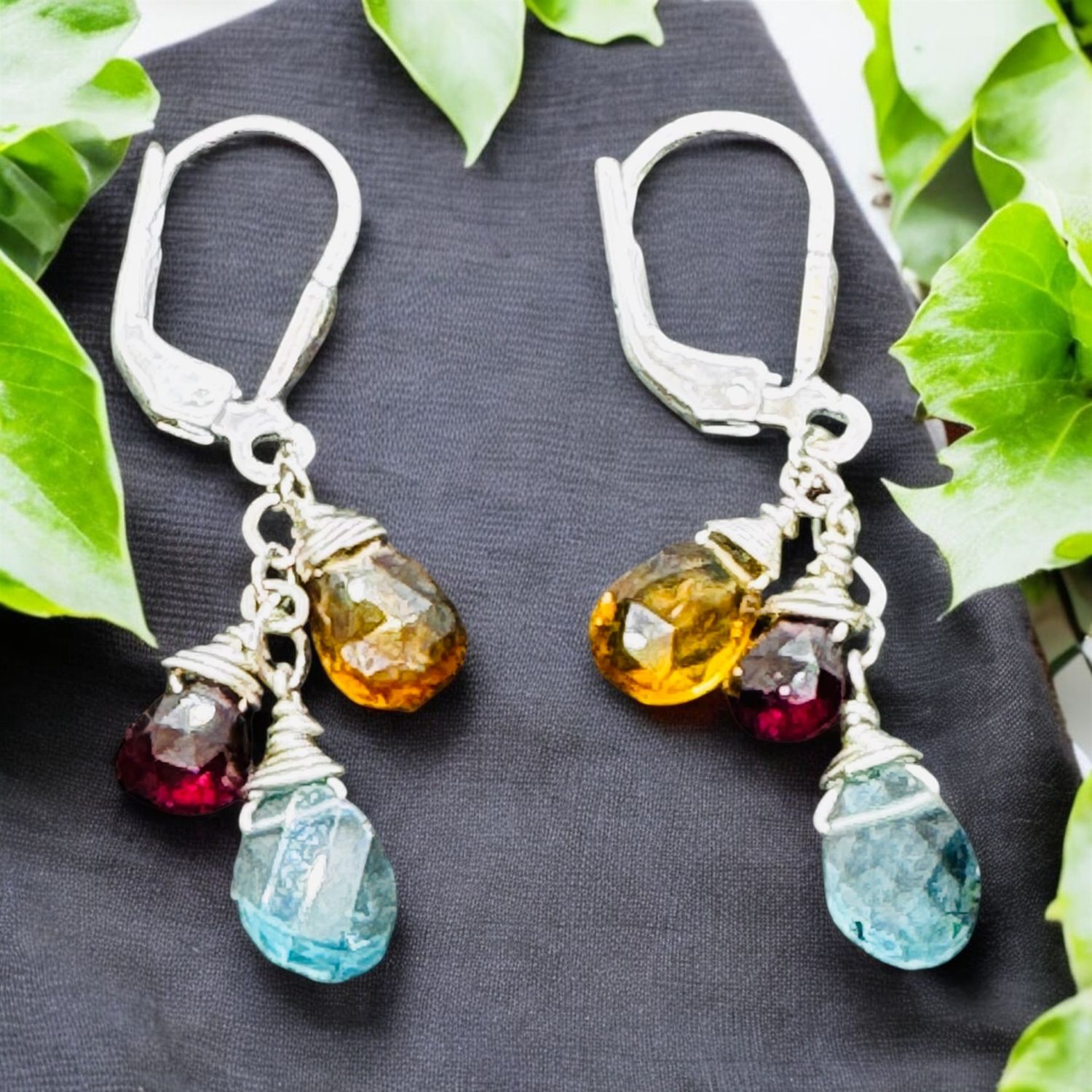 Robb Earrings Aqua, Garnet and Citrine Cluster