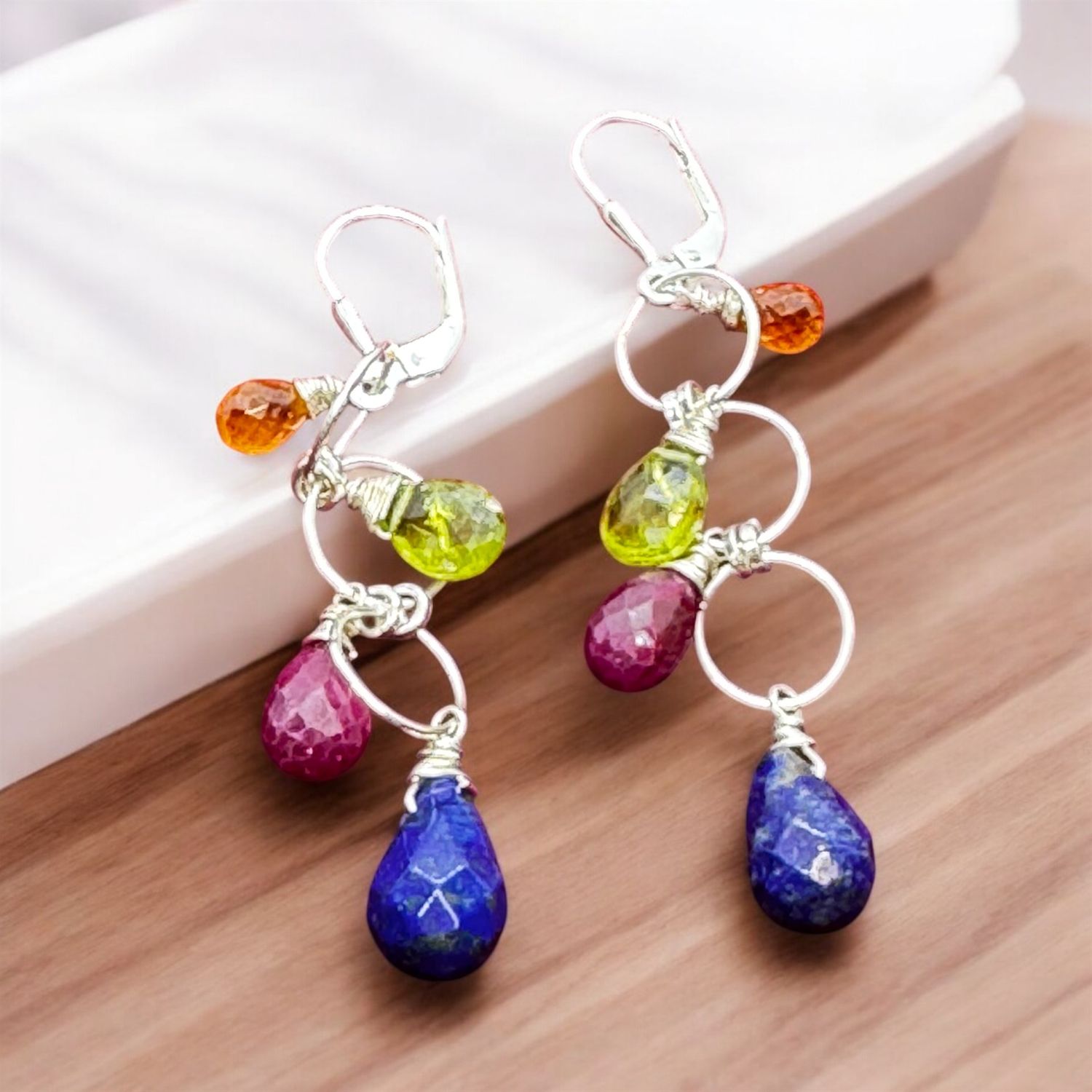 Robb Earring Gem Drops Lapis, Ruby, Peridot and Mandrin Garnet