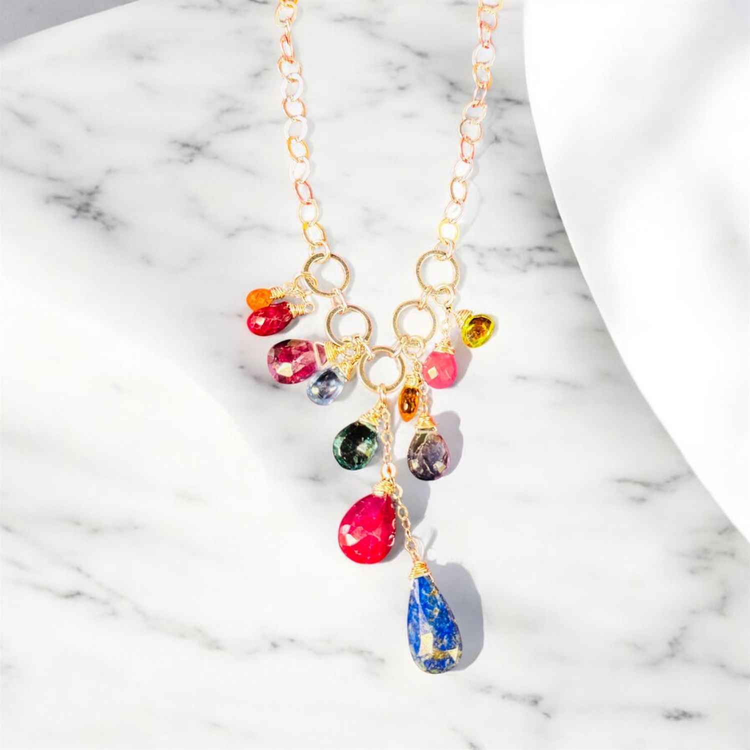 Robb Necklace Mixed Gem Kyanite, Mandarin Garnet, Ruby, Amethyst, Lapis, Pink Saphire, Peridot