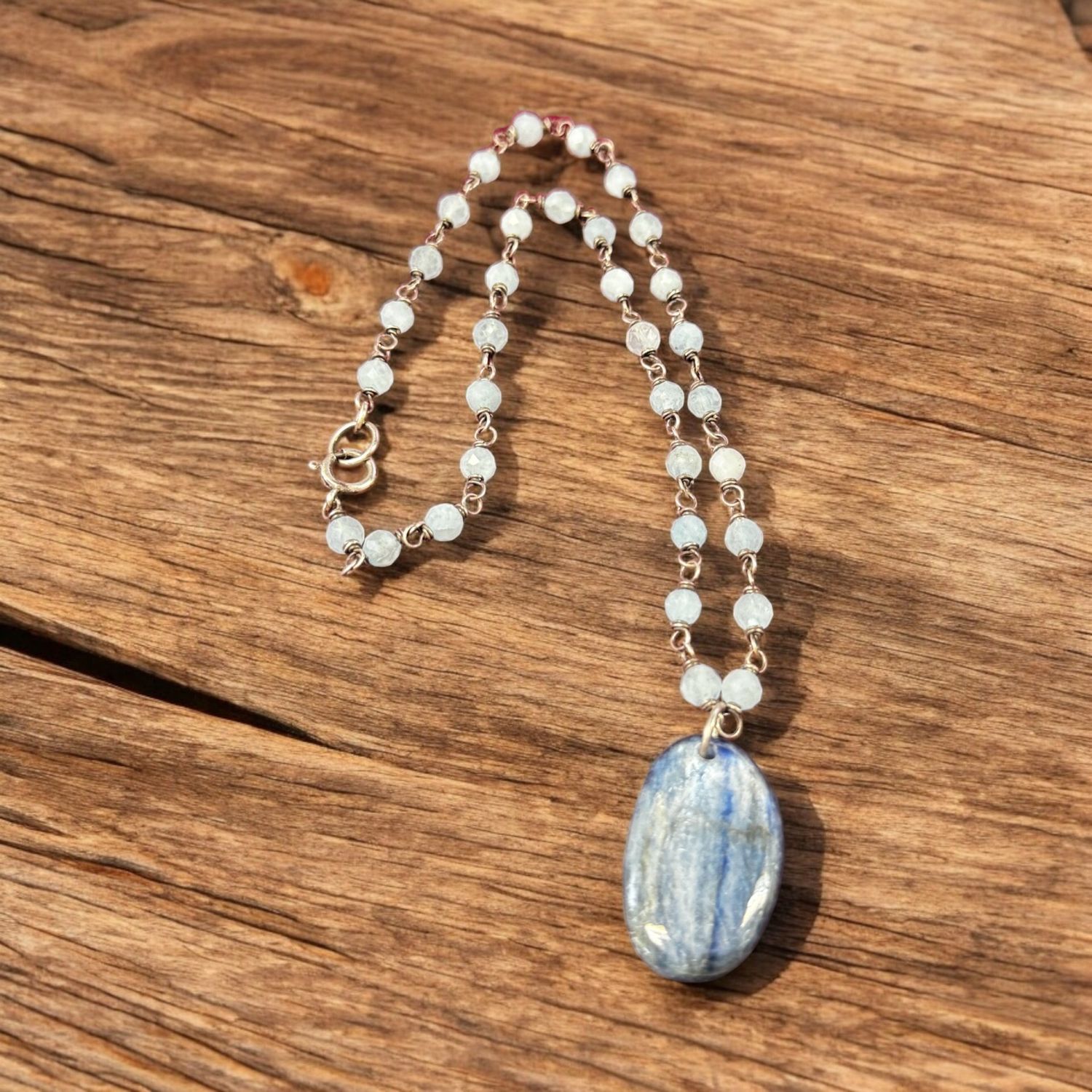 Robb Necklace Kyanite Pendant on Aquamarine Rosary